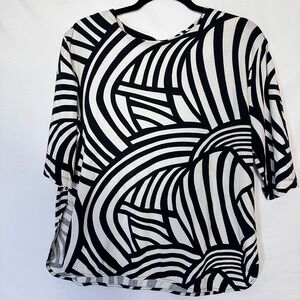 MARIMEKKO Salme Black White Geometric Print Jersey Top Medium Side Slit Tee
